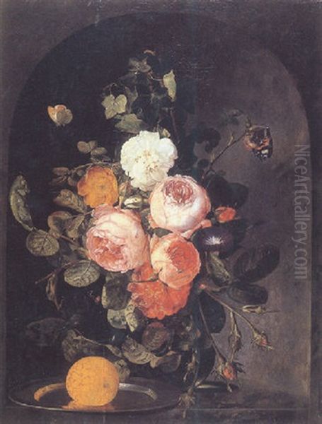 Still Life Of Flowers In A Glass Vase With An Orange On A Pewter Plate, Before A Stone Niche Oil Painting by Christiaan Luycks