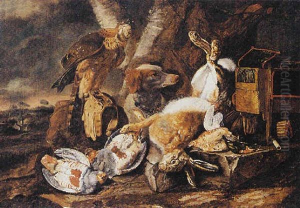 A Still Life With A Dead Hare And Dead Birds, A Falcon, A Dog And Hunting Paraphernalia, All Under A Tree In A Landscape Oil Painting by Christiaan Luycks