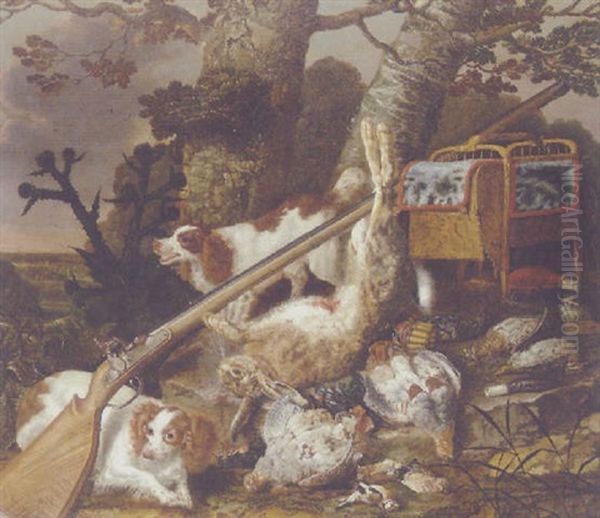 Spaniels, Dead Game, A Musket And Other Hunting Equipment On A Bank Beneath A Tree Oil Painting by Christiaan Luycks