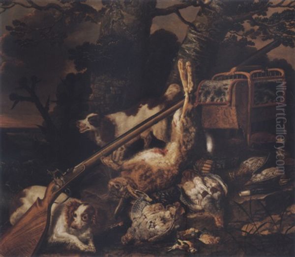 Still Life Of Game, A Musket And Other Hunting Equipment With Spaniels In A Landscape Oil Painting by Christiaan Luycks