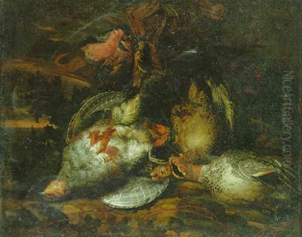 Partridge, A Brace Of Teal, A Bullfinch And Other Dead Birds In A Landscape Oil Painting by Christiaan Luycks