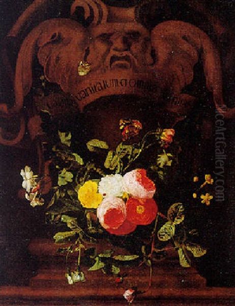 Still Life Of Roses With Butterflies In A Stone Cartouche Oil Painting by Christiaan Luycks