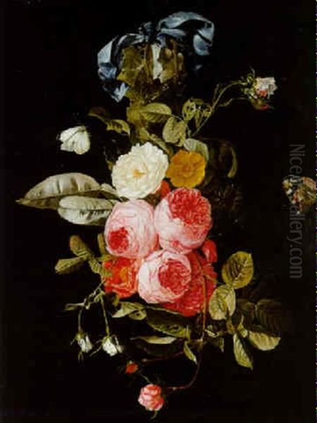 A Swag Of Roses Hanging From A Blue Ribbon With A Red Admiral And A Cabbage White by Christiaan Luycks