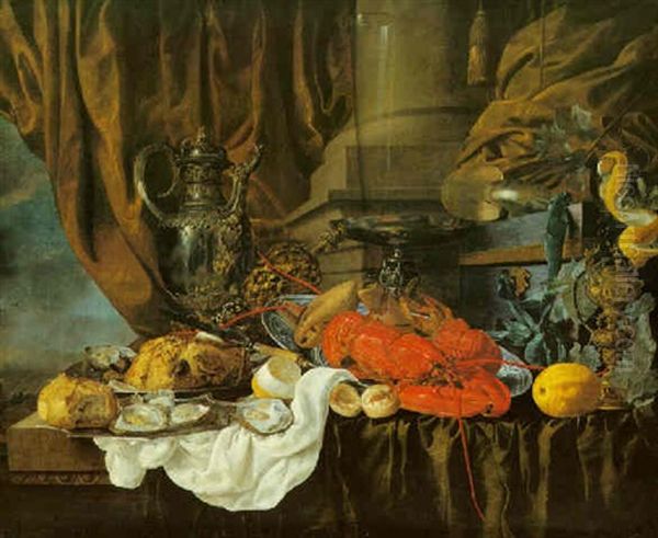 A Pronk Still Life With Lobsters, Silver Dishes, A Nautilus Shell, Lemons, And Other Objects All Upon A Table Top Drapped With Green Velvet Oil Painting by Christiaan Luycks