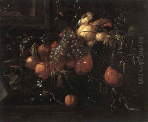 Fruchtgirlande Mit Trauben, Feigen, Pfirsichen, Zitronen,   Ribiseln Audn Stachelbeeren Vor Einem Steiaufbau Oil Painting by Christiaan Luycks