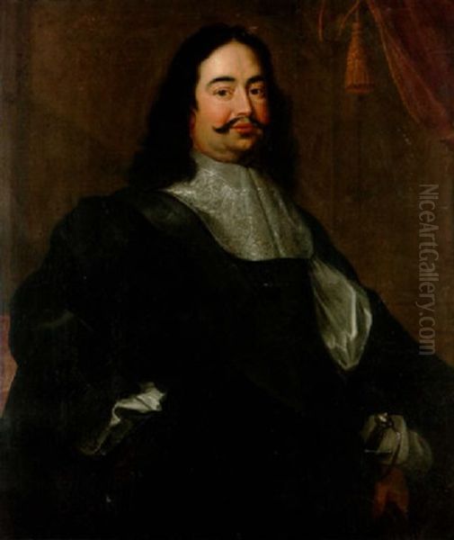 Portrait Of A Gentleman In A Black Robe With Slashed Sleeves And A White Lace Collar, Holding Gloves In His Left Hand Oil Painting by Frans Luyckx