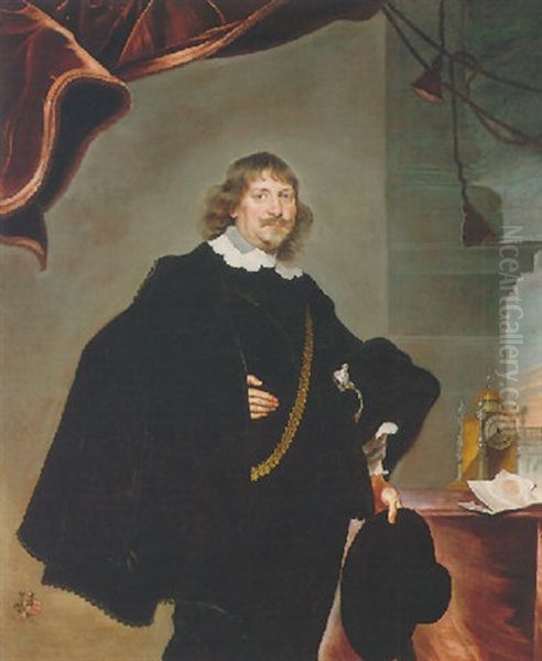 Portrait Of A Nobleman (johann Andreas, Graf Von Liebenberg?) Beside A Table Clock, Holding A Hat Oil Painting by Frans Luyckx