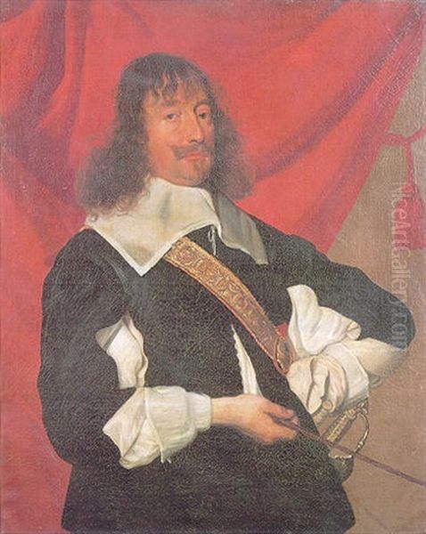 Portrait Of An Officer, Wearing A Black Jacket With A White Collar Standing Before A Red Curtain Holding A Whip Oil Painting by Frans Luyckx