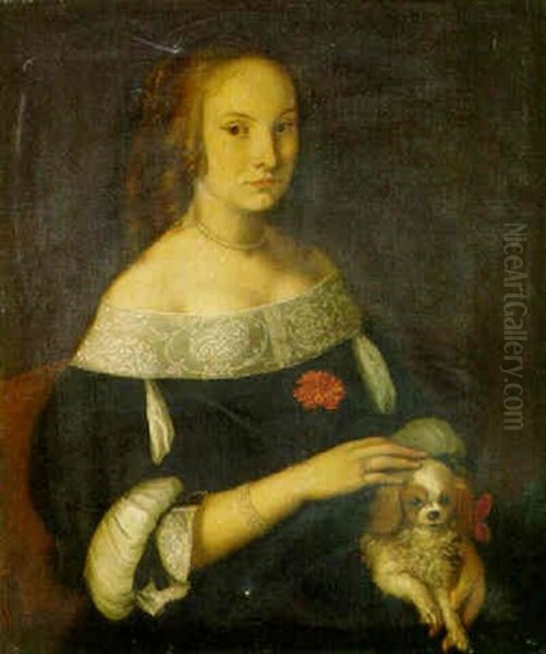 Portrait Of Marie Ruthaven, In A Blue Dress, Holding A Spaniel Oil Painting by Frans Luyckx