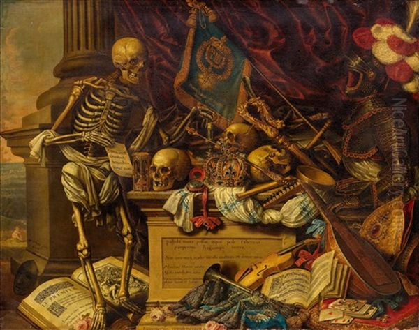 Memento Mori Still Life With Musical Instruments, Books, Sheet Music, Skeleton, Skull And Armour Oil Painting by Carstian Luycx