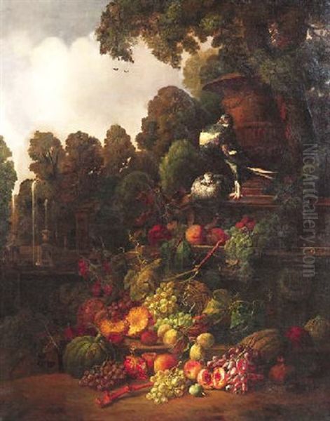 Variastilleben In Parklandschaft. Weintrauben, Pfirsiche Und Anderes Obst, Daruber Zwei Balzende Tauben Oil Painting by Arie Martinus Luyt