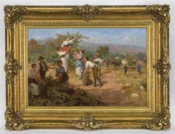 Figures Harvesting Grapes Oil Painting by Cleto Luzzi