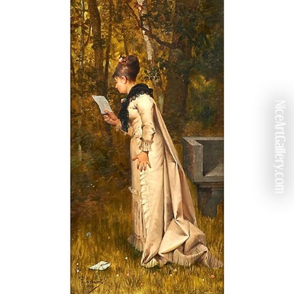 Woman Reading In The Garden Oil Painting by Theophile (Marie Francoise) Lybaert