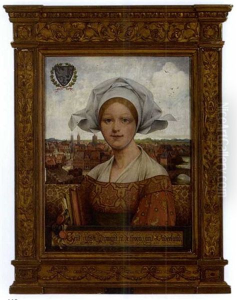 Portrait Of A Girl, The City Of Gent In The Background Oil Painting by Theophile (Marie Francoise) Lybaert