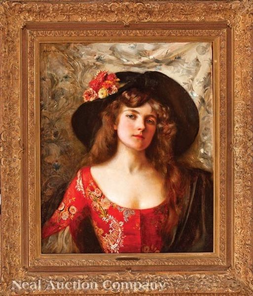 Portrait In Auburn And Chinese Red Oil Painting by Albert Lynch