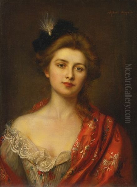 Woman In A Red Embroidered Shawl Oil Painting by Albert Lynch