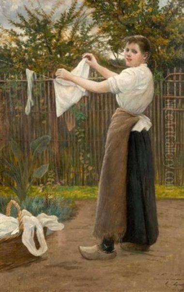 Femme Etendant Du Linge Dans Un Jardin Oil Painting by Albert Lynch