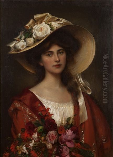 Portrait Of A Young Woman In A Hat Holding A Bouquet Of Flowers Oil Painting by Albert Lynch