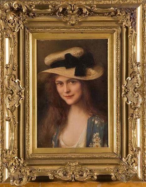 Portrait De Jeune Fille Au Chapeau De Paille Oil Painting by Albert Lynch