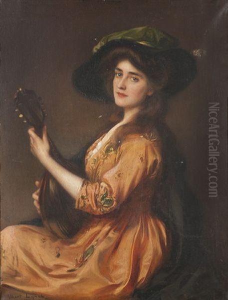 Portrait De Femme A La Mandoline Oil Painting by Albert Lynch