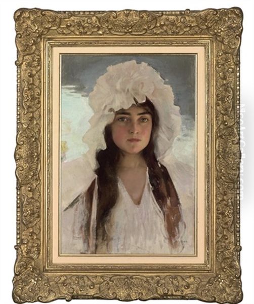 Portrait Of A Girl In A White Bonnet Oil Painting by Albert Lynch