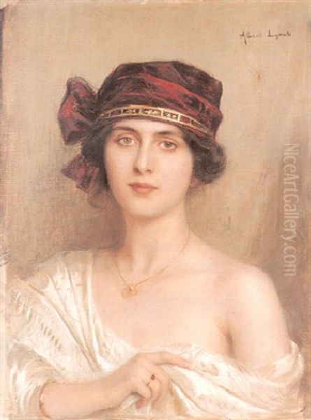 Portrait Of A Young Woman In A Red Oil Painting by Albert Lynch