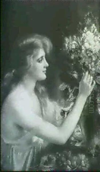 Young Lady Preparing A Vase Of Flowers Oil Painting by Albert Lynch