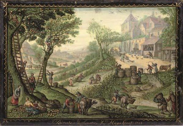 Peasants Harvesting And Gathering Apples From Trees In A Hilly Landscape Oil Painting by Jacob Berents