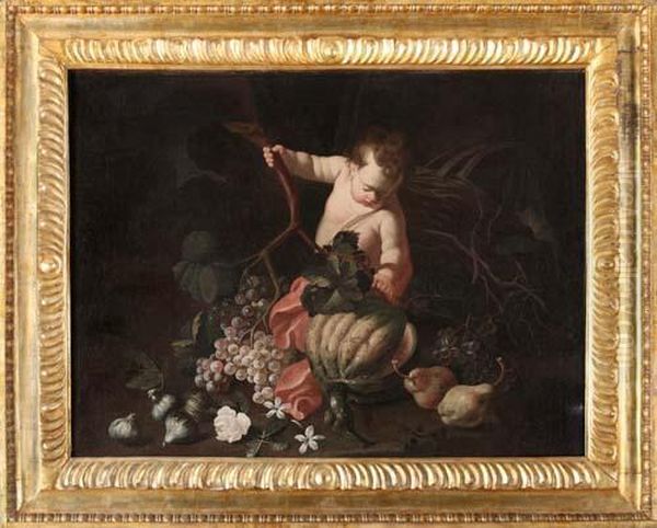 Natura Morta Con Frutta E Putto Oil Painting by Christian Berentz