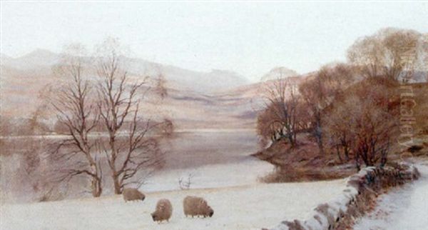 Sheep Grazing On The Banks Of A Snow Covered Loch Oil Painting by John Howard Lyon