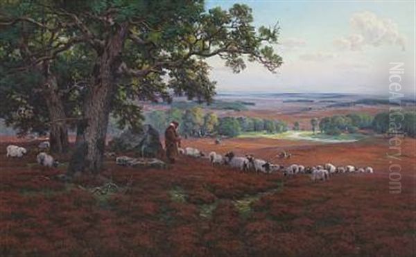 Vast Landscape With A Shepherd Knitting Under Large Oaks Oil Painting by Arnold Lyongrun