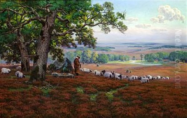 Vast Landscape With A Shepherd Knitting Under Large Oaks Oil Painting by Arnold Lyongrun