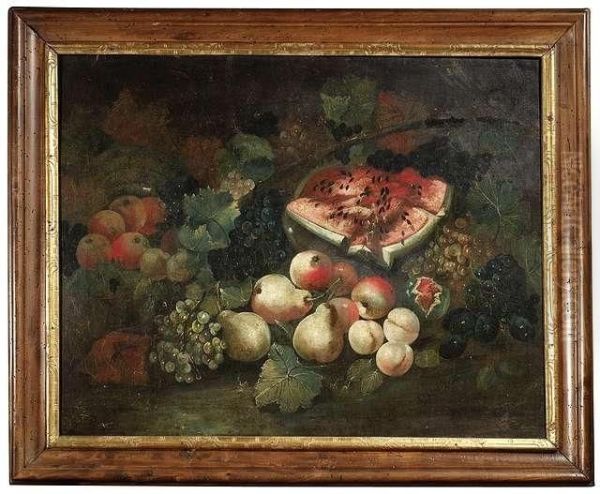 Grapes, Peaches, Pears And A Melon. Baroque Frame. Oil/canvas/canvas Oil Painting by Christian Berentz