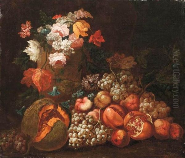 Uva, Melone, Melograni, Pesche Su Basamento E Rose, Tulipani, Gladioli in Vaso Di Pietra Oil Painting by Christian Berentz