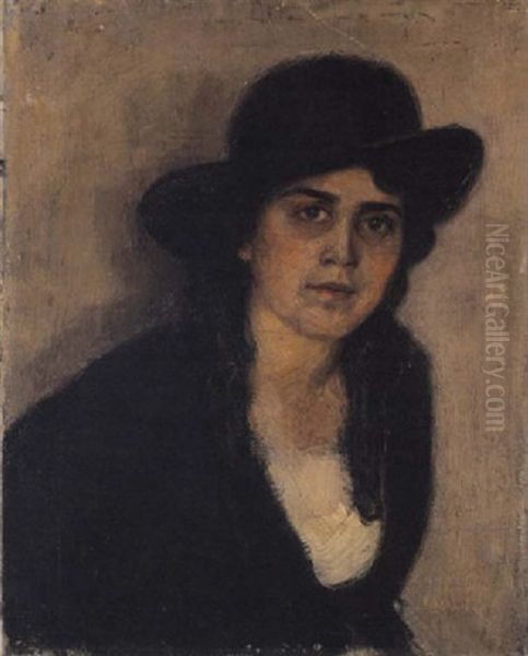 Portrait Of A Young Lady With A Hat Oil Painting by Nicolas Lytras