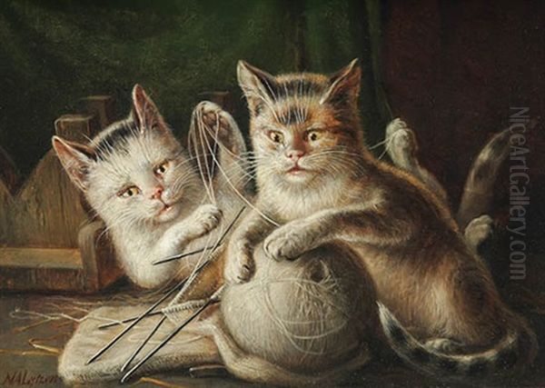 Kittens At Play Oil Painting by Niels Aagaard Lytzen