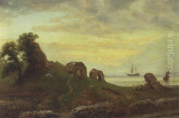 Klippekystparti, I Baggrunden Sejlskibe Oil Painting by Niels Aagaard Lytzen