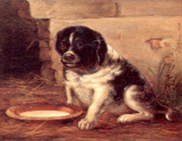 Hundehvalp Ved En Maelkeskal Oil Painting by Niels Aagaard Lytzen