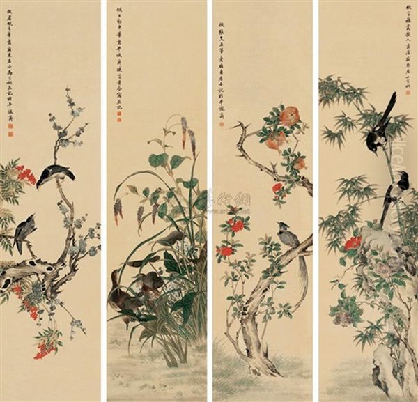 Flower And Bird (4 Works) Oil Painting by  Ma Jiatong