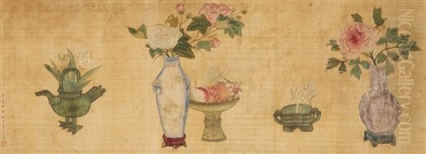 Flowers, Fruits And Ritual Bronze Vessels Oil Painting by  Ma Shouzhen