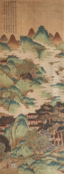 A Cloudy Mountain And River Scenery With Buildings And Figures Oil Painting by  Ma Yuan