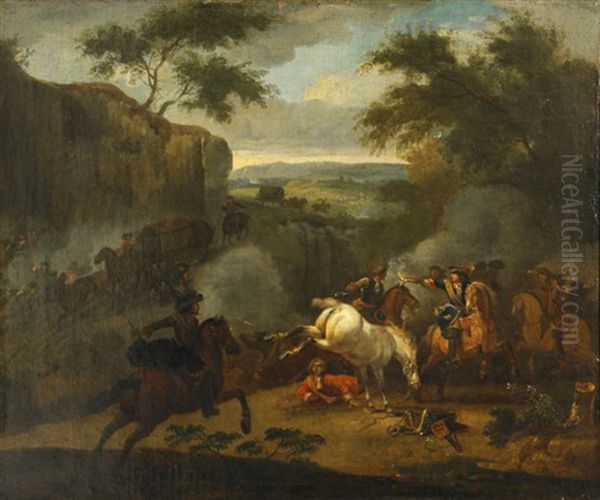 Cavalry Attacking Horse-drawn Wagons Oil Painting by Johannes Maas the Younger