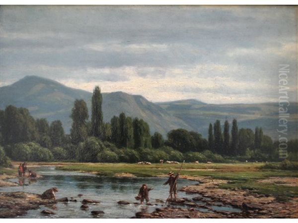 Figures Fishing In A Landscape, With Distant Hills Oil Painting by Jacob Jan van der Maaten