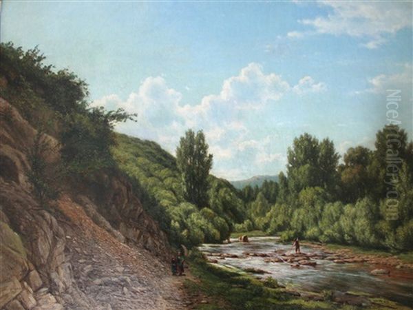 River Landscape Scene With A Man Spear Fishing Oil Painting by Jacob Jan van der Maaten