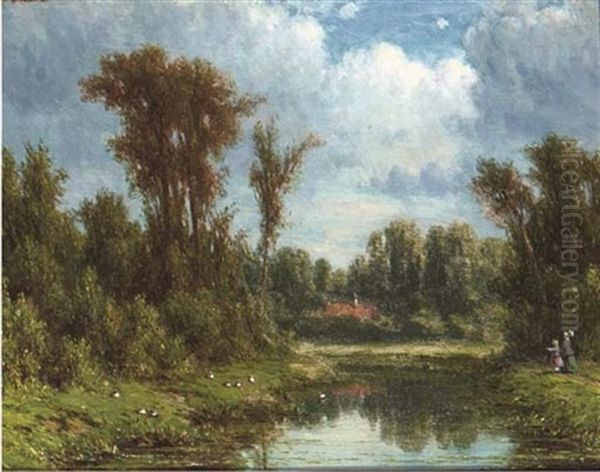 Along The River In Summer Oil Painting by Jacob Jan van der Maaten