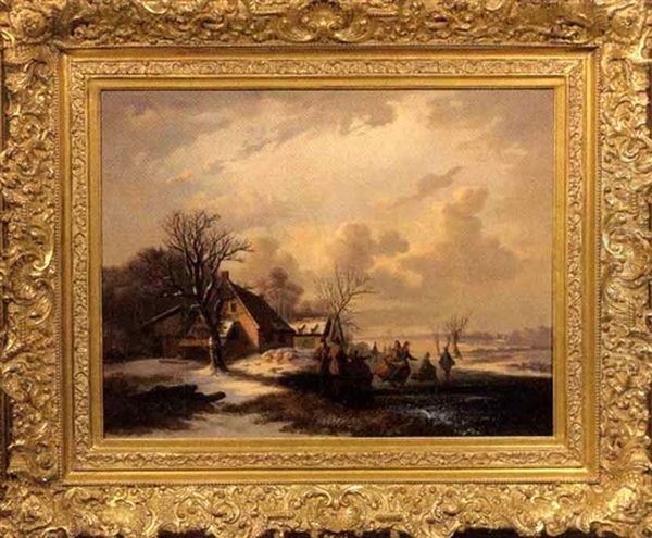 Skating On Pond Oil Painting by Jacob Jan van der Maaten