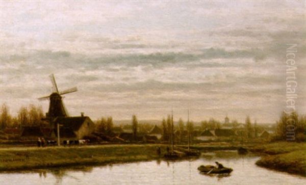 A Polder Landscape With A Mill Oil Painting by Jacob Jan van der Maaten