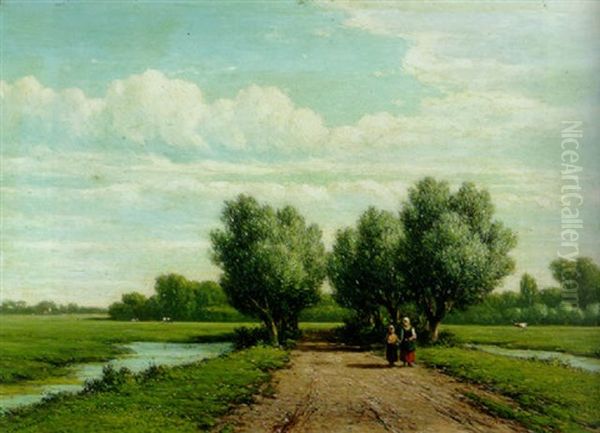 A Summer Landscape With A Peasant Woman And Child Walking On A Sandy Track Oil Painting by Jacob Jan van der Maaten