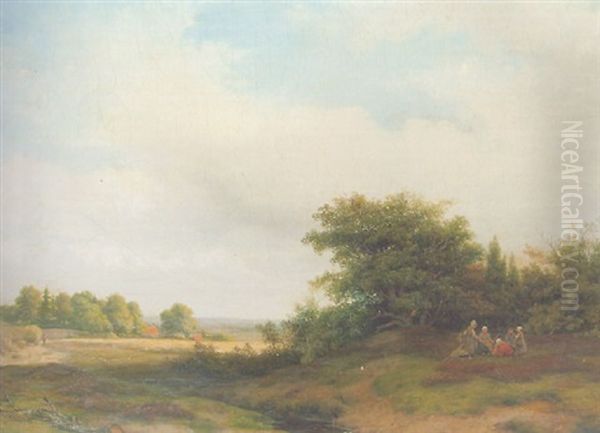 Summer Landcsape With Peasants Resting At The Edge Of A Wood Oil Painting by Jacob Jan van der Maaten