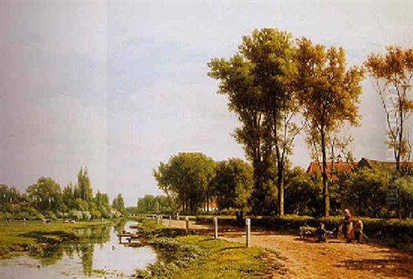 A Summer Landscape With Figures Along A River Oil Painting by Jacob Jan van der Maaten